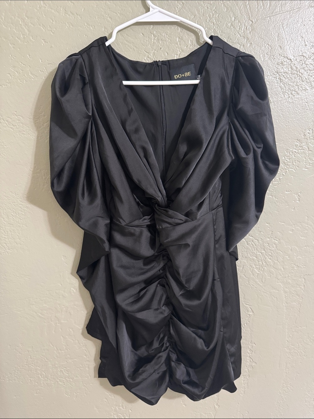 DO+BE Black Satin Twist-Front Ruched Mini Dress